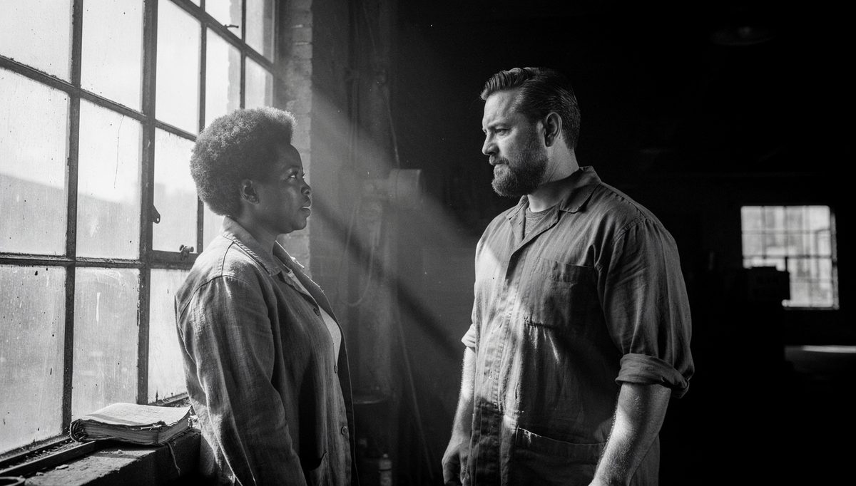 Two colleagues sharing informal feedback near a factory window