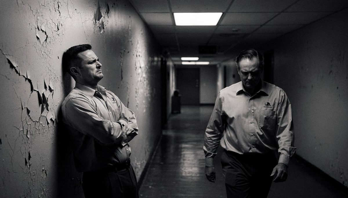 Two colleagues avoiding eye contact, passive tension workplace corridor scene
