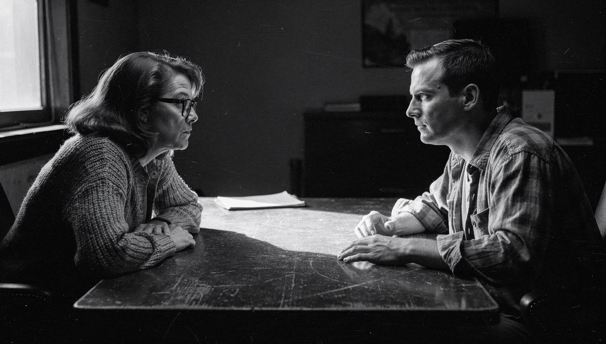 Two colleagues exchanging peer feedback across a workplace desk