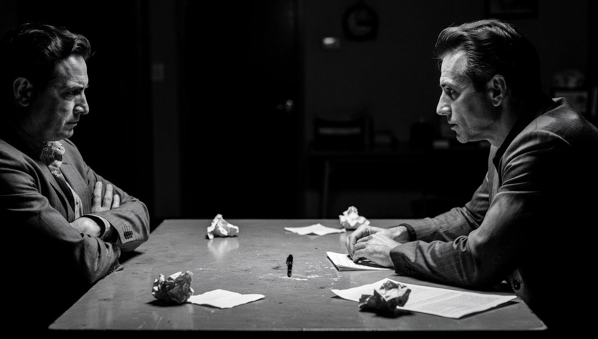Two people in tense positional conflict negotiation across table