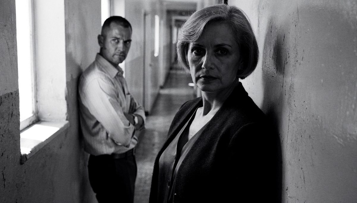 Two colleagues in corridor, selective toxicity traits visible in body language