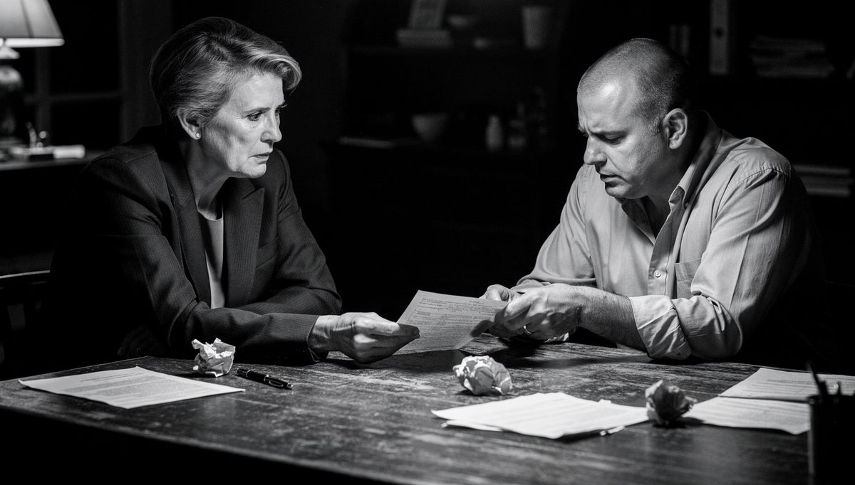 Two negotiators examining precise number anchors across a desk