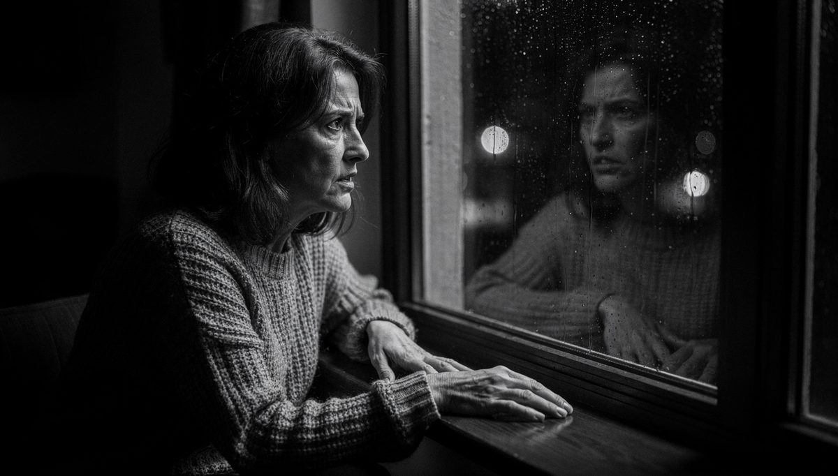 Woman reflecting at rainy window, empathic self awareness in practice