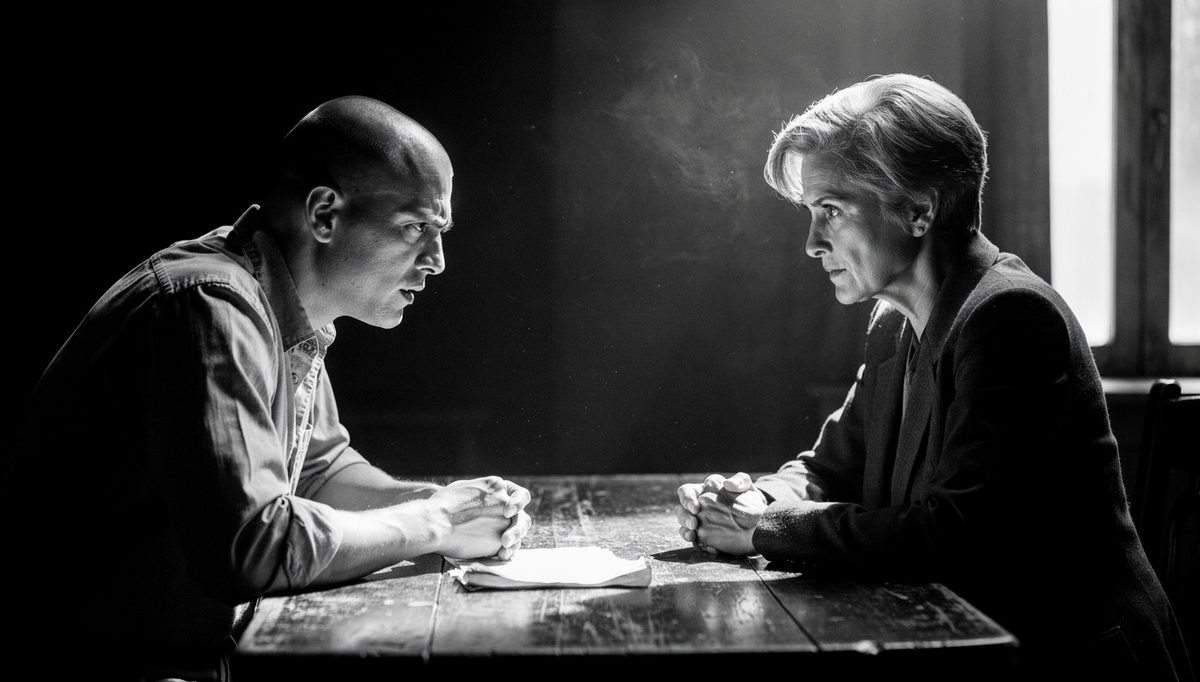 Woman confronting man across table, toxic traits confrontation