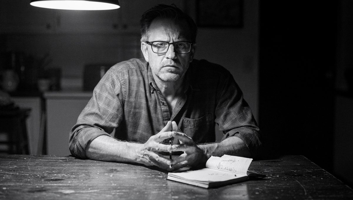 Man alone at table reflecting on emotional self-awareness in silence