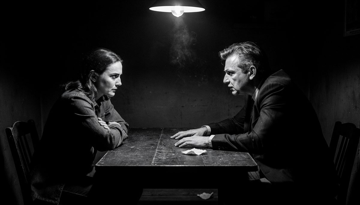 Two colleagues in tense recurring problem apologies conversation, dramatic shadows
