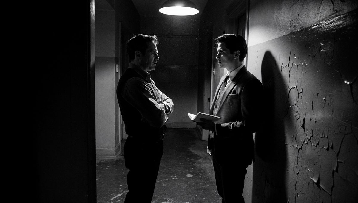 Two colleagues facing each other in tense denies a conversation standoff