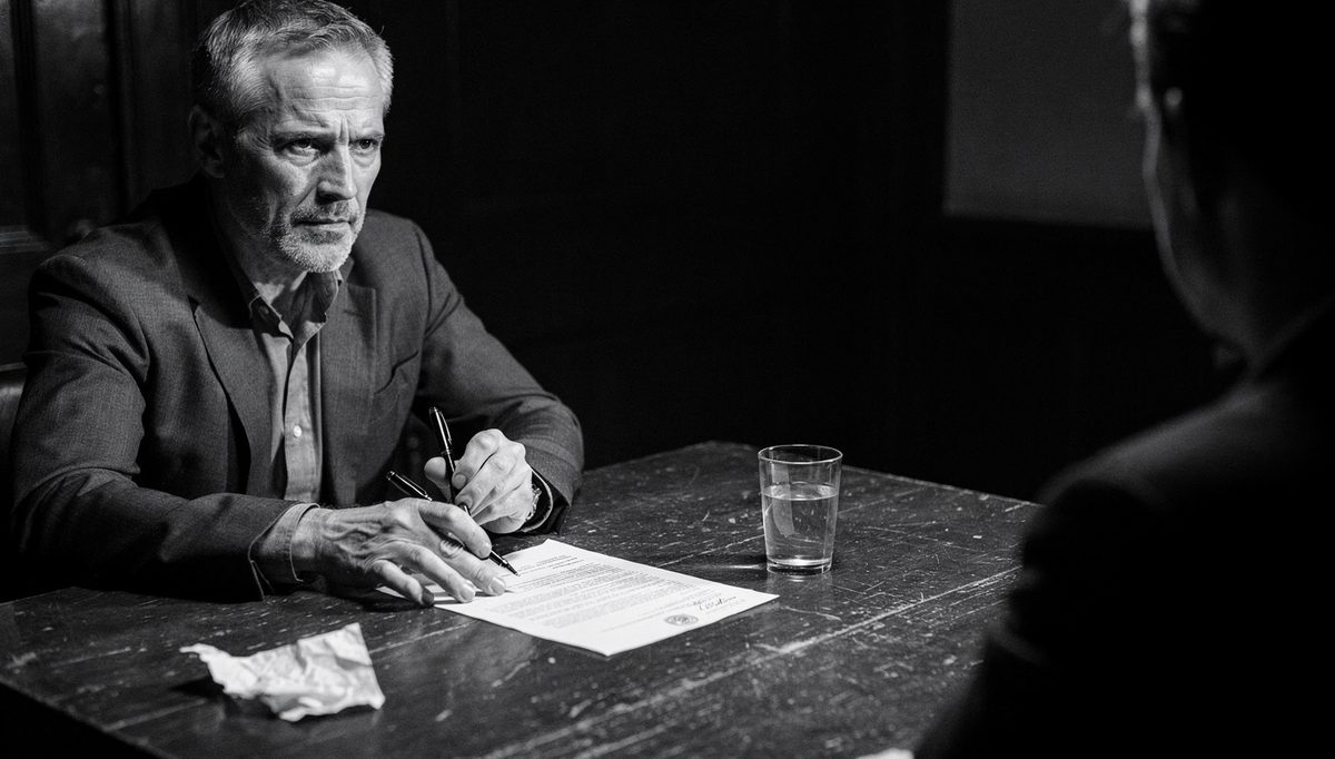 Man poised over document, anchoring in negotiation with precision