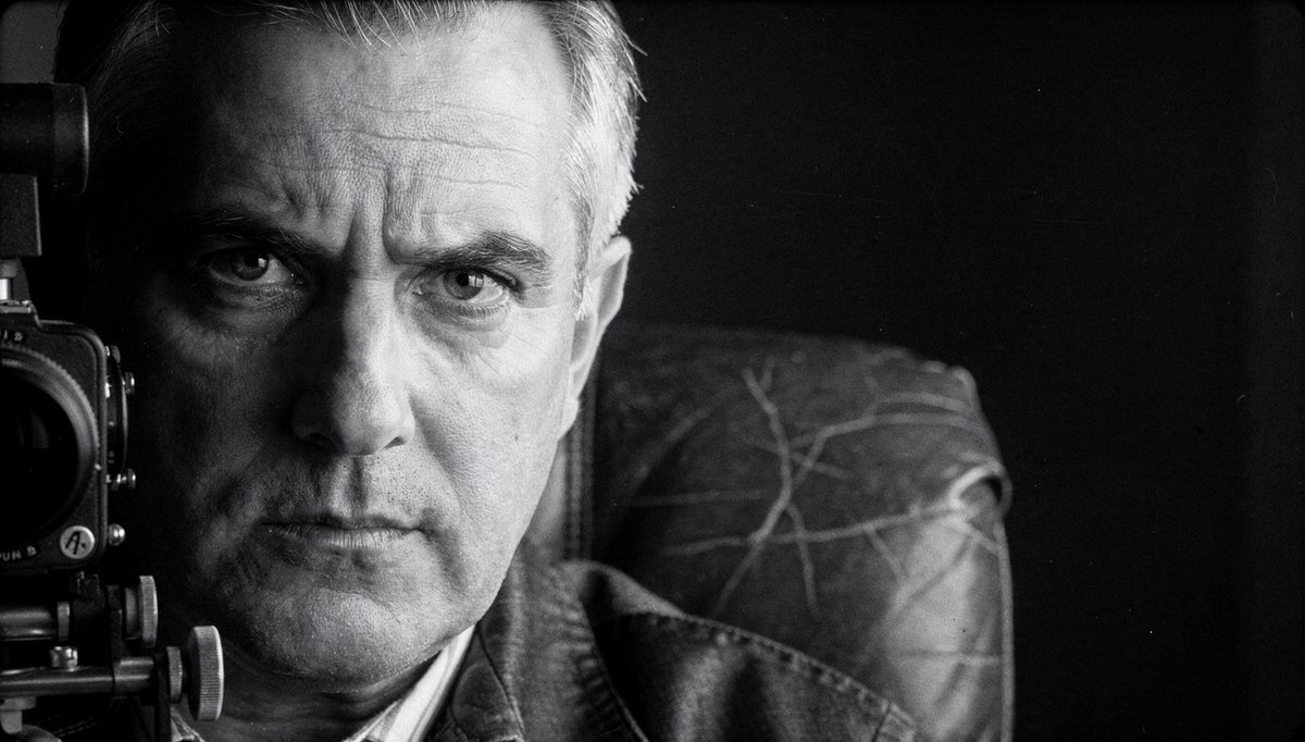 Man holding eye contact demands gaze directly into camera lens