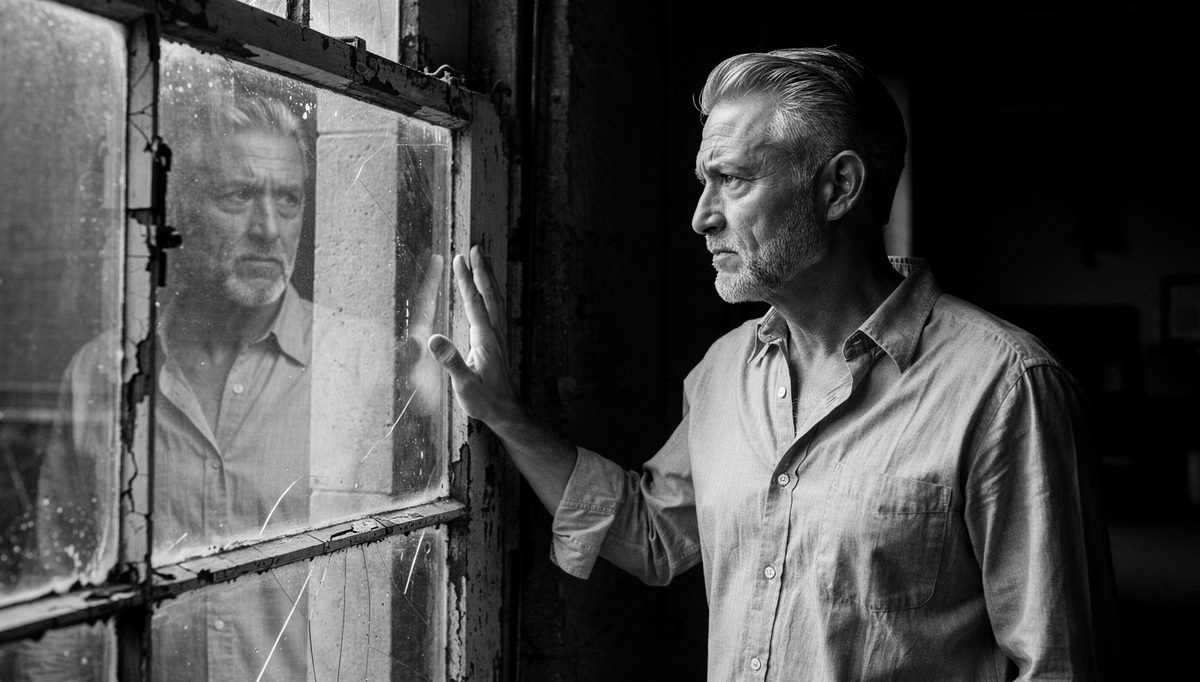Man confronting his reflection, emotional self-awareness under pressure