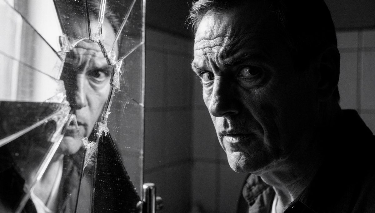 Man confronting fragmented reflection, increasing self-awareness identity crisis