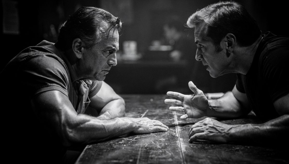 Two men in tense conflict in negotiation, cinematic grain