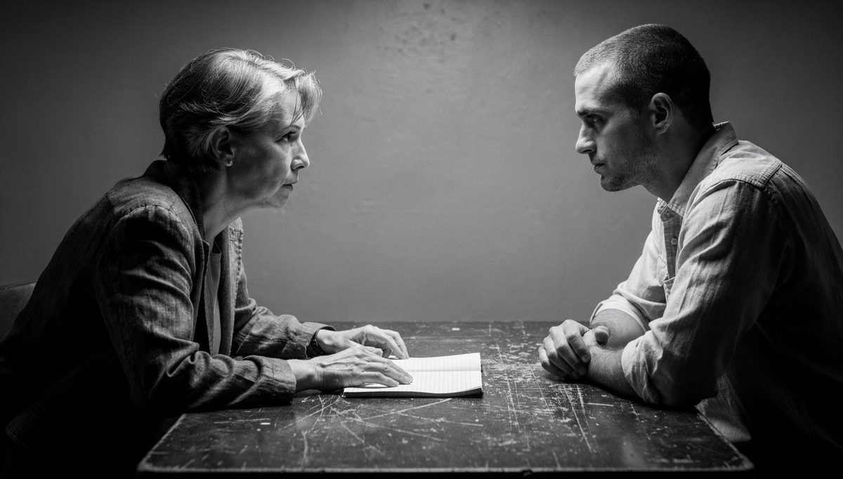 Manager giving vague feedback to employee across desk, black and white