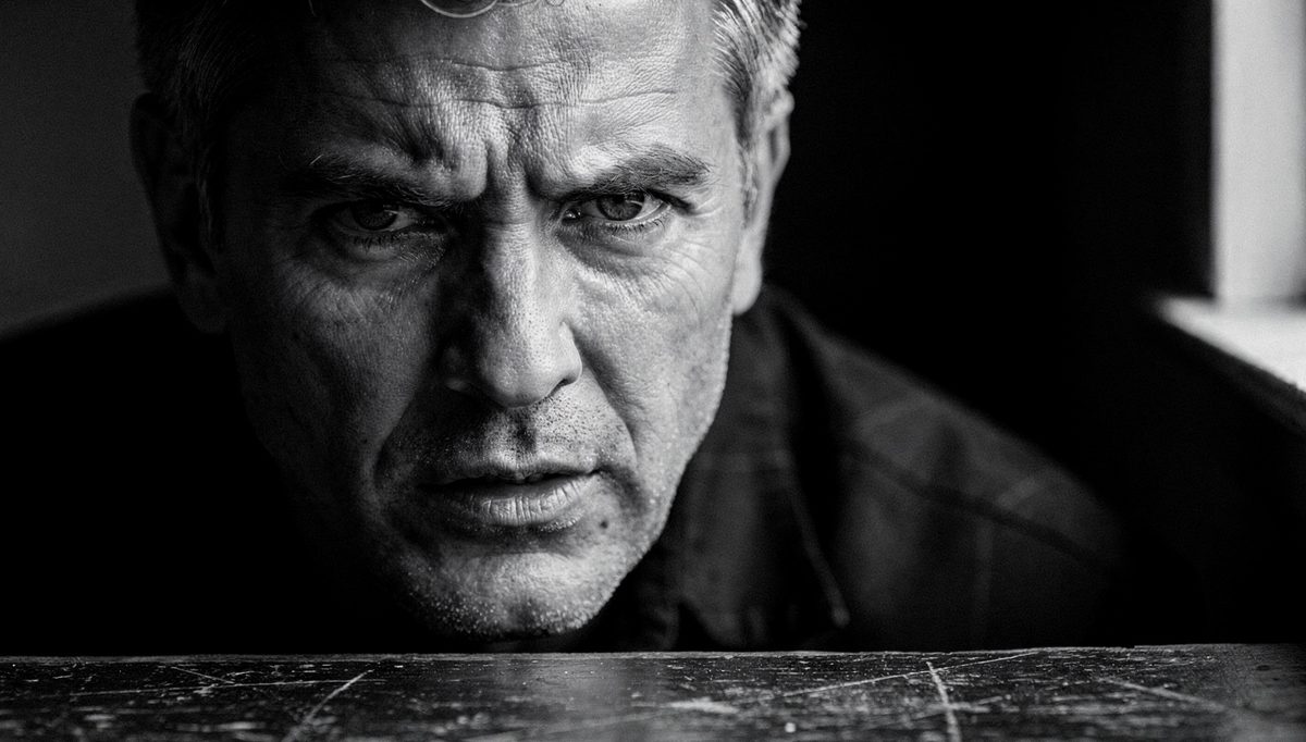 Man with focused gaze examining physical expression on camera