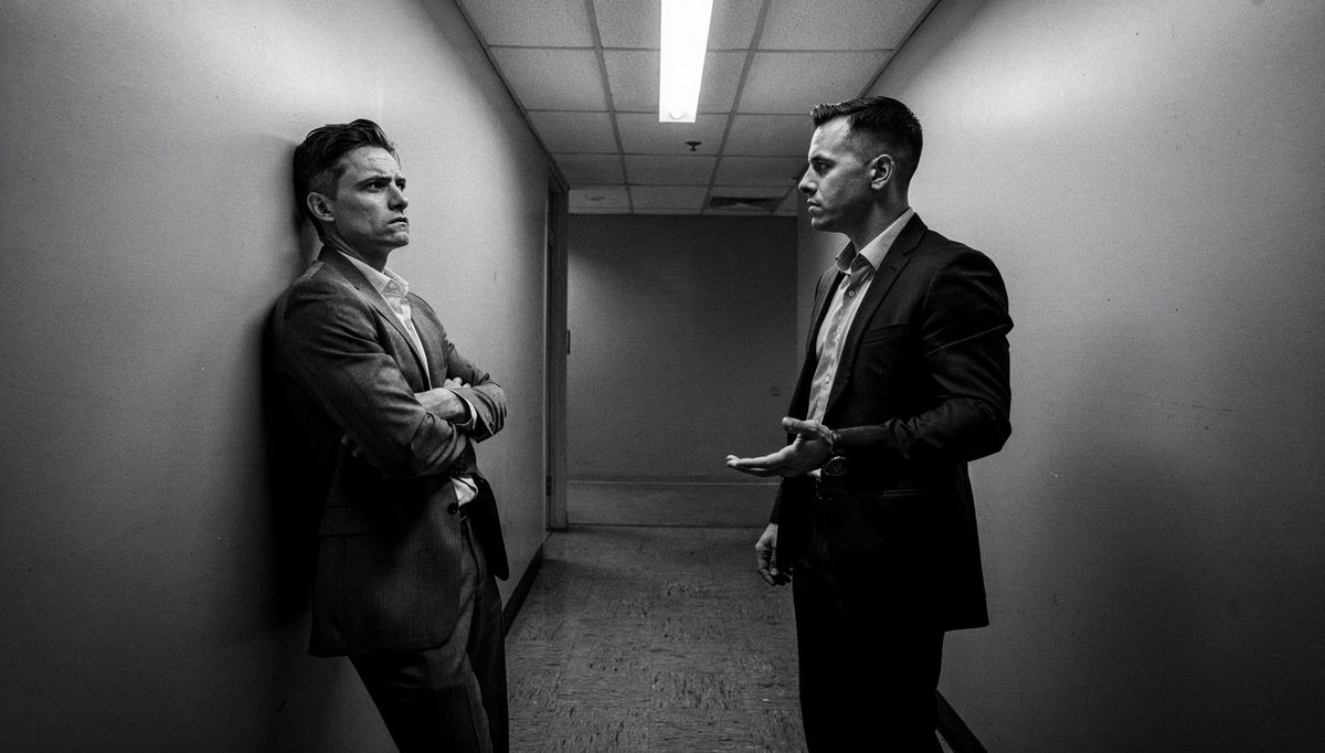 Two colleagues in corridor mid de-escalating tension scripts exchange